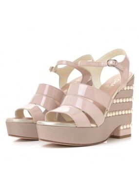 CHANEL Pearl Platform Wedge Sandals Nude Beige-Pink EU size 42 RARE 19P